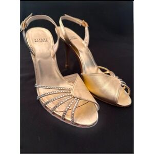STUART WEITZMAN Metal‎ Leather Crystal Embellished Gold Rhinestone Glam Siren 7